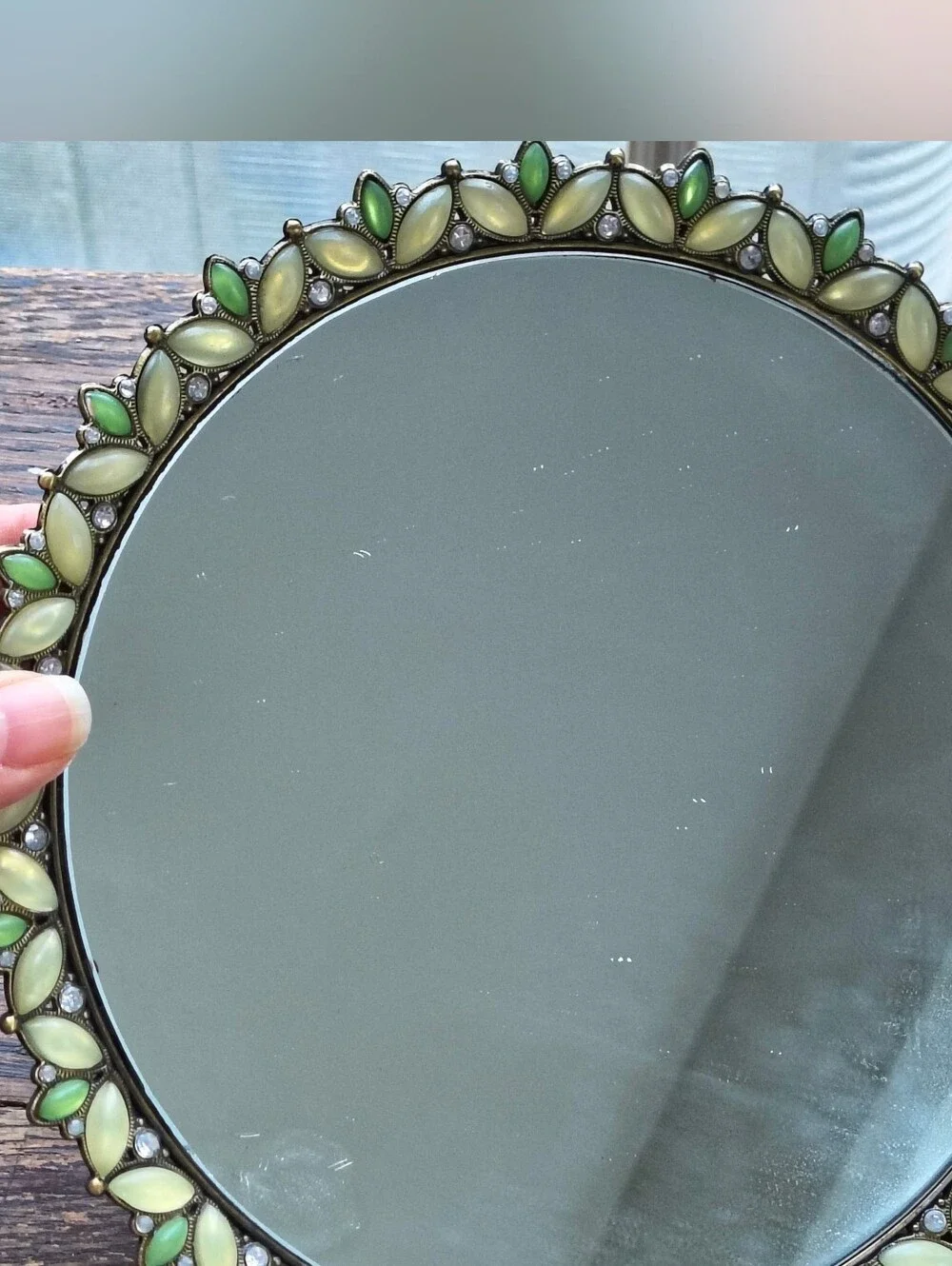 Elegant Round Mirrored Tray with Green Beaded Frame